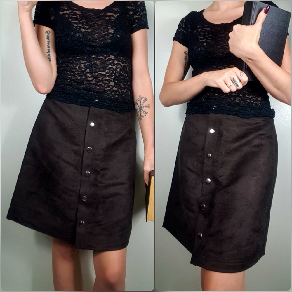 Brown Vegan Leather Suede Button Down A-line Skirt